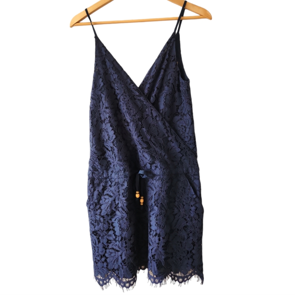 CHASER Navy Blue Lace Drawstring Waist Mini Dress Pockets Womens Sz S